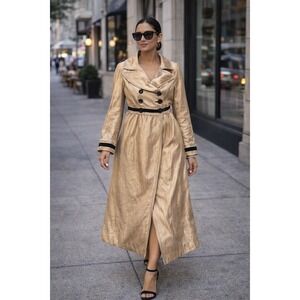 To The Max Long Champagne Gold Coat Jacket Black Trim Double Breasted size S